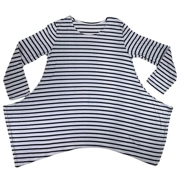 Long Sleeve Asymmetrical Split SharkBite Tee Shirt Tunic Black & White Striped - Picture 2 of 11